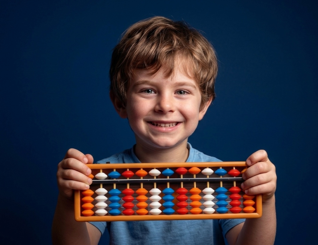 A child using a soroban abacus during an online lesson
