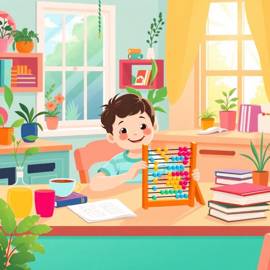 A home-educated child working with an abacus at a kitchen table in the morning